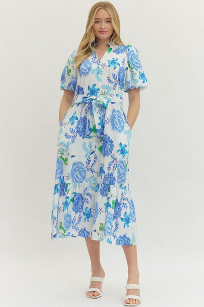 Floral Short Puff Sleeve Midi Dress