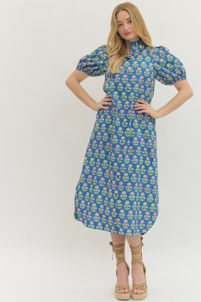 Botanical Short Puff Sleeve Midi Dress