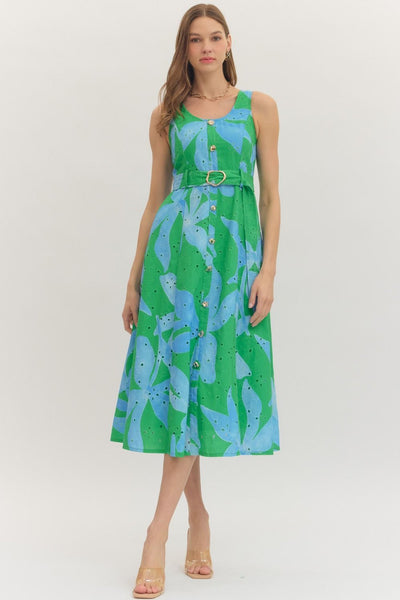 Botanical Print Sleeveless Midi Dress