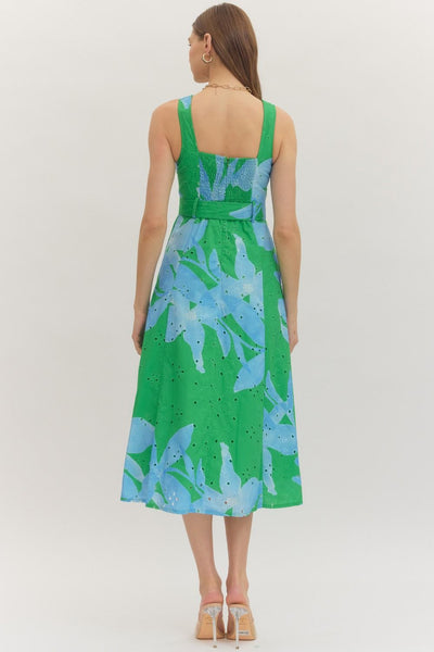 Botanical Print Sleeveless Midi Dress