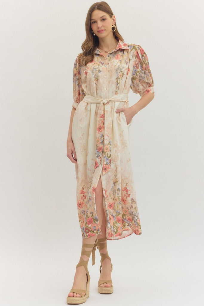 Botanical Print Puff Sleeve Midi Dress