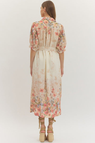 Botanical Print Puff Sleeve Midi Dress