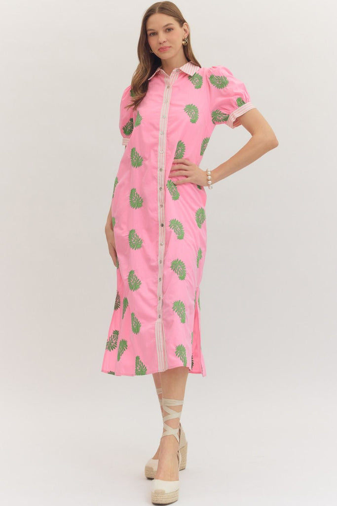 Embroidered Puff Sleeve Midi Dress
