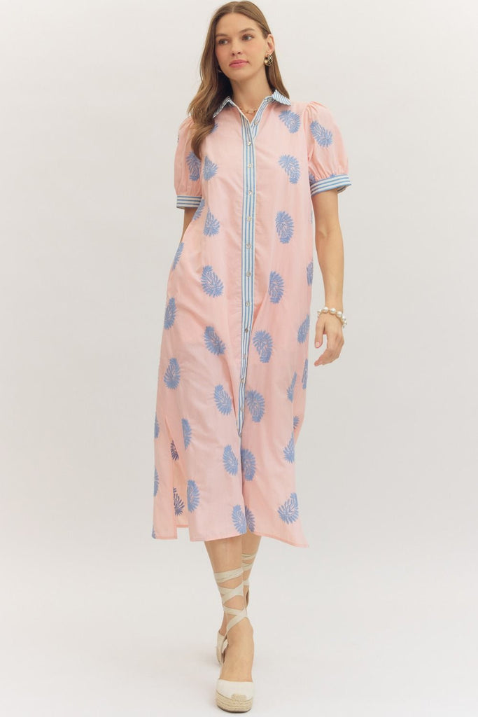 Embroidered Puff Sleeve Midi Dress