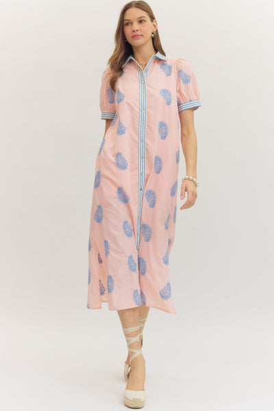 Embroidered Puff Sleeve Midi Dress