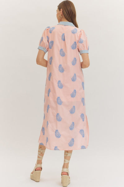 Embroidered Puff Sleeve Midi Dress