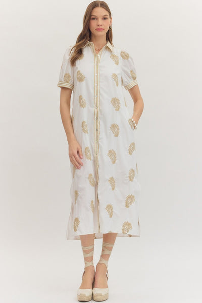 Embroidered Puff Sleeve Midi Dress
