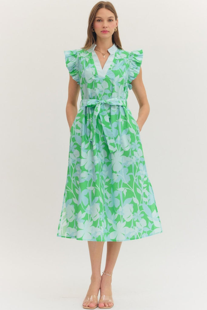 Botanical Print Ruffle Sleeve Midi Dress