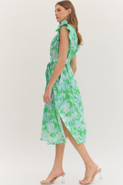 Botanical Print Ruffle Sleeve Midi Dress