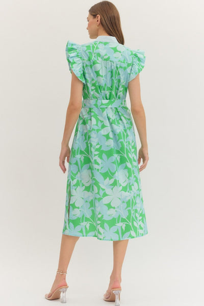 Botanical Print Ruffle Sleeve Midi Dress