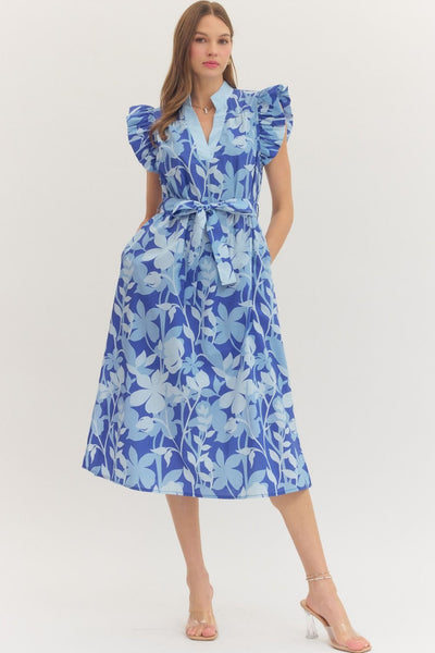 Botanical Print Ruffle Sleeve Midi Dress