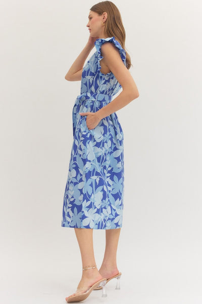 Botanical Print Ruffle Sleeve Midi Dress