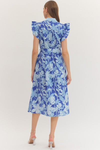 Botanical Print Ruffle Sleeve Midi Dress