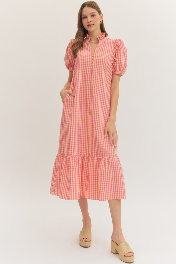 Gingham Short Puff Sleeve Midi Dress