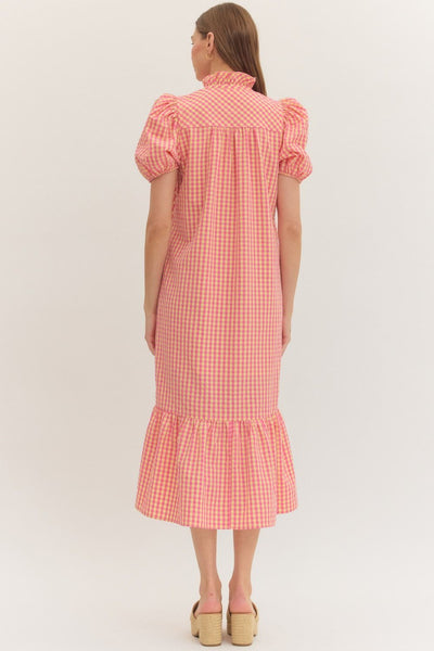 Gingham Short Puff Sleeve Midi Dress