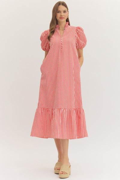Gingham Short Puff Sleeve Midi Dress