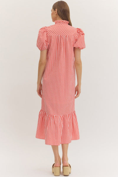 Gingham Short Puff Sleeve Midi Dress