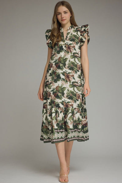 Floral Print Ruffle Sleeve Midi Dress