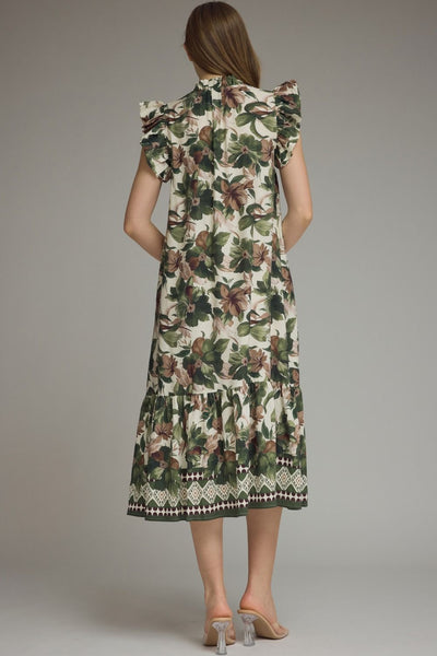 Floral Print Ruffle Sleeve Midi Dress