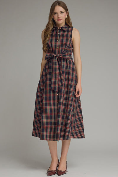 Plaid Collared Sleeveless Midi Dress
