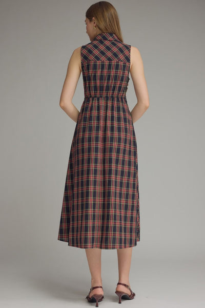 Plaid Collared Sleeveless Midi Dress