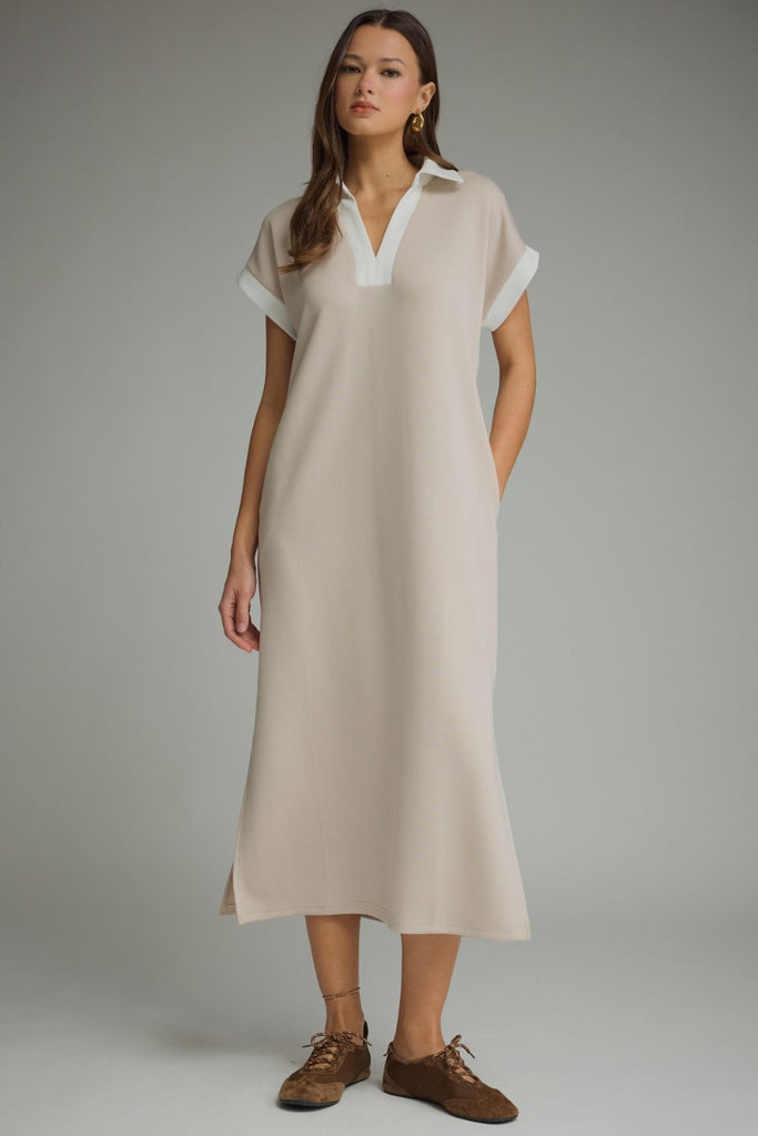 Solid Collared V-Neck Midi Dress