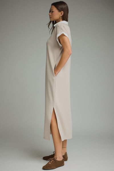 Solid Collared V-Neck Midi Dress