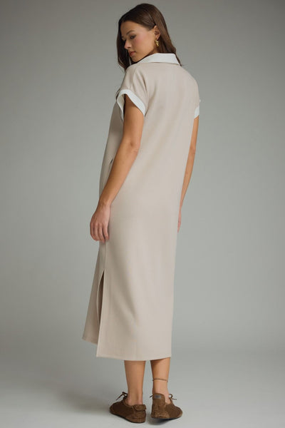 Solid Collared V-Neck Midi Dress