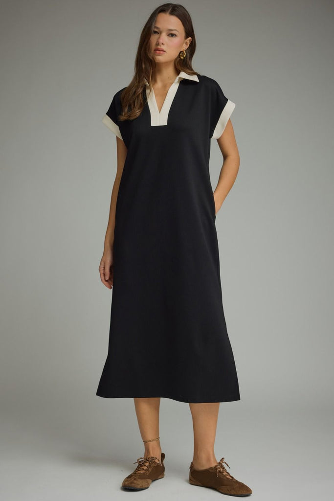 Solid Collared V-Neck Midi Dress