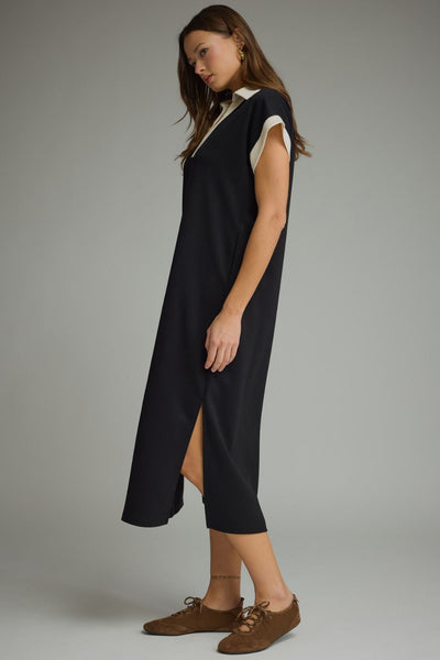 Solid Collared V-Neck Midi Dress