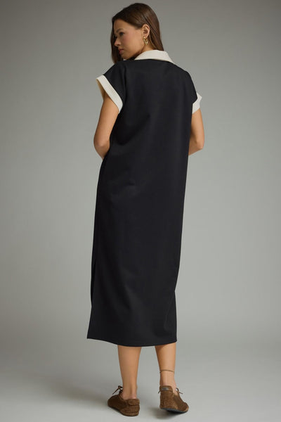 Solid Collared V-Neck Midi Dress