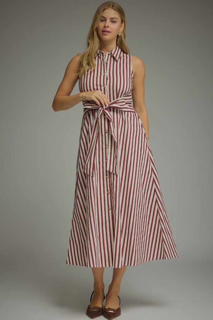 Striped Sleeveless Collared Midi Dress