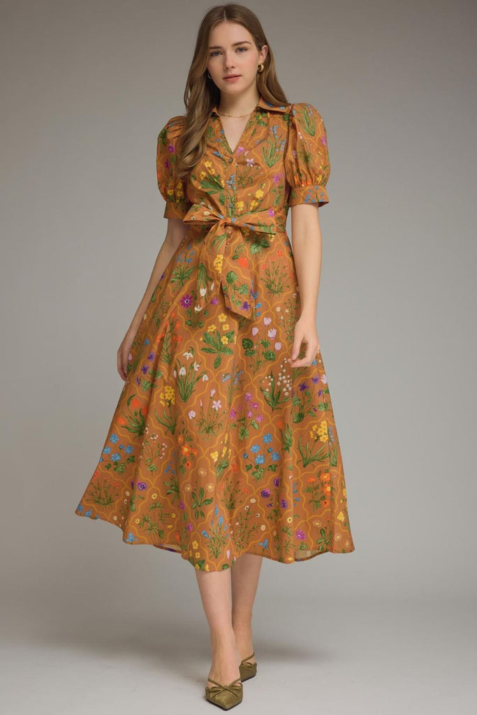 Floral Short Puff Sleeve Midi Dress