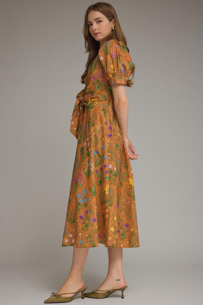 Floral Short Puff Sleeve Midi Dress