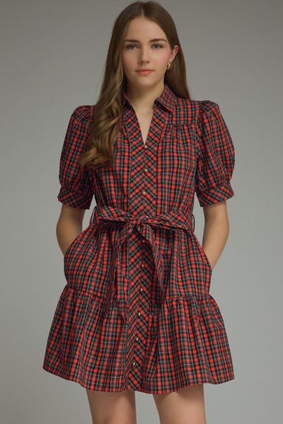 Plaid Short Puff Sleeve Mini Dress