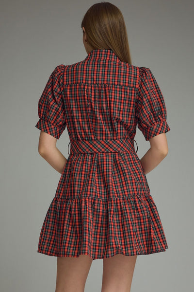 Plaid Short Puff Sleeve Mini Dress