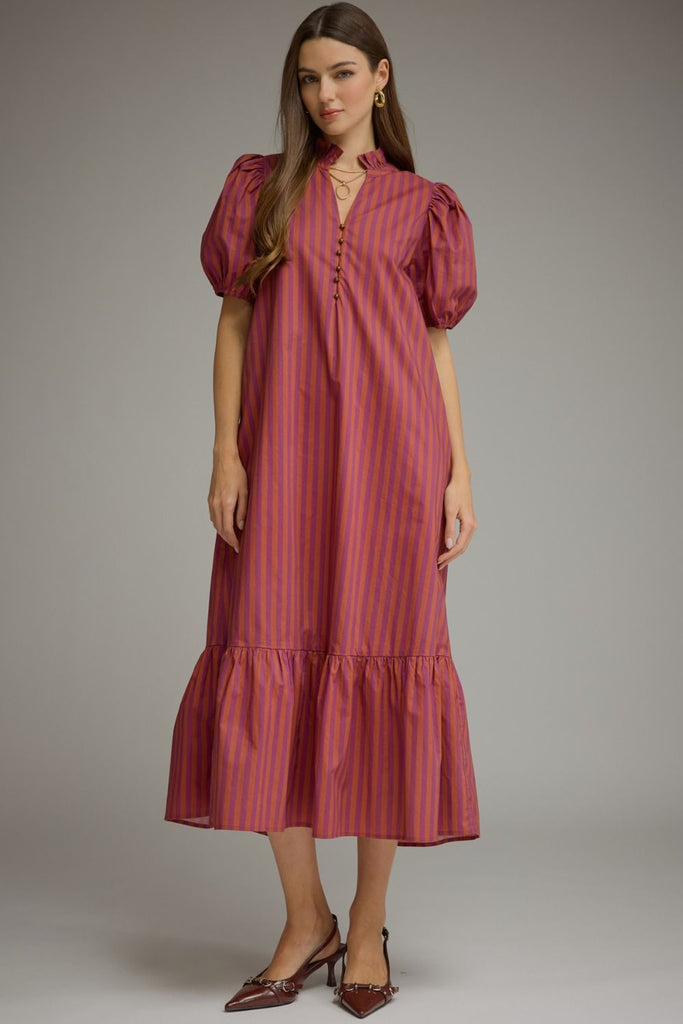 Stripe Short Puff Sleeve Midi Dress