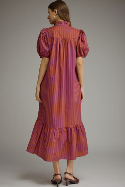 Stripe Short Puff Sleeve Midi Dress