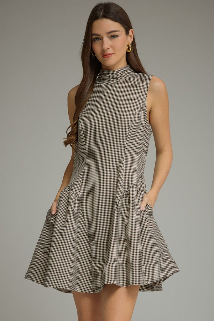 Plaid Sleeveless Mock Neck Mini Dress