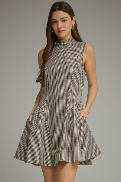 Plaid Sleeveless Mock Neck Mini Dress