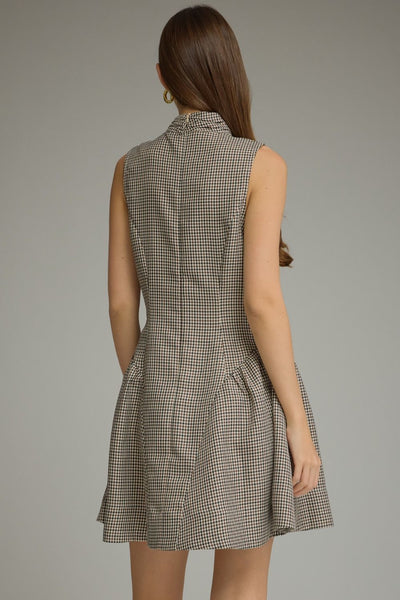 Plaid Sleeveless Mock Neck Mini Dress