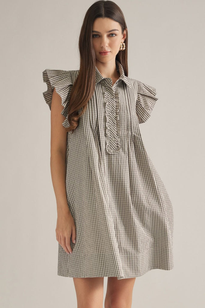 Textured Gingham Flutter Sleeve Dress