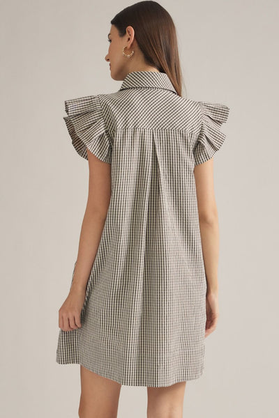 Textured Gingham Flutter Sleeve Dress