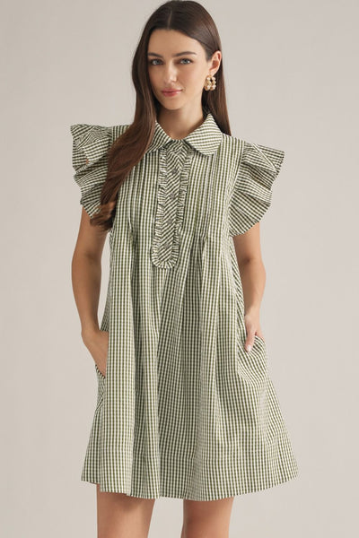 Textured Gingham Flutter Sleeve Dress