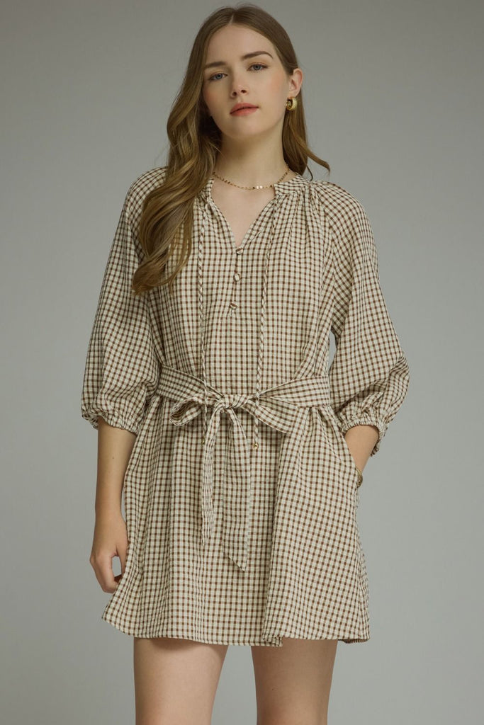 Gingham ¾ Sleeve Mini Dress