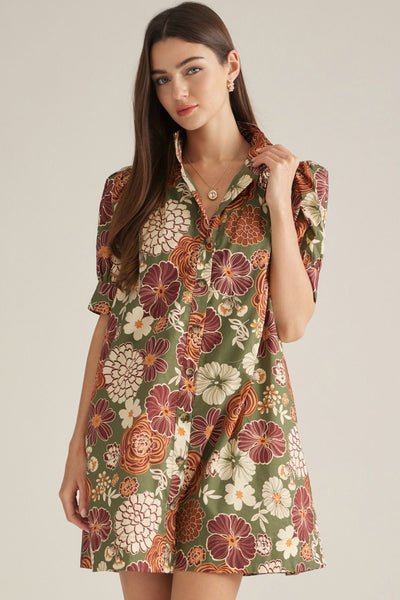 Floral Short Puff Sleeve Mini Dress