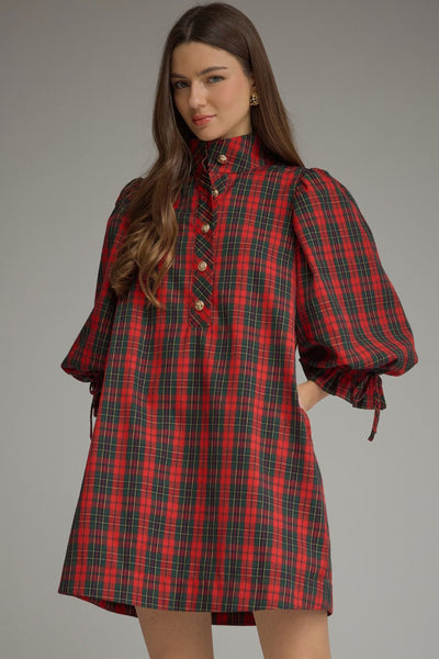 Plaid ¾ Balloon Sleeve Mini Dress
