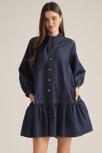 Solid 3/4 Puff Sleeve Denim Mini Dress
