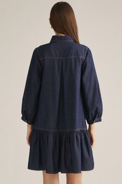 Solid 3/4 Puff Sleeve Denim Mini Dress
