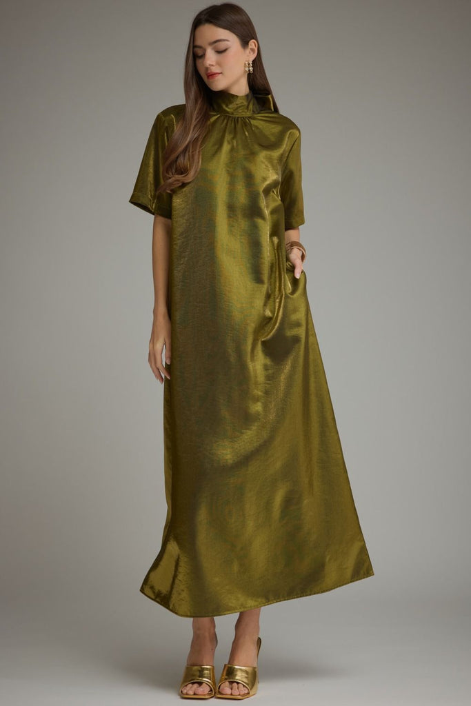 Solid Short Sleeve Satin Maxi Dress